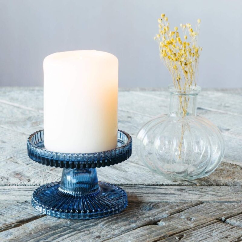 RIBBED BLUE GLASS CANDLE HOLDER